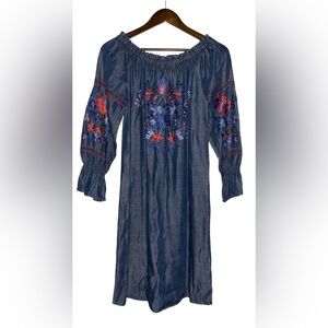 Philosophy Chambray Embroidered Floral Peasant Mini Dress Women S Boho Pullover‎